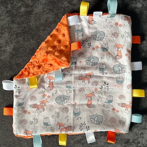 Minky Tag Baby Blanket - Woodland Foxes on Orange Minky