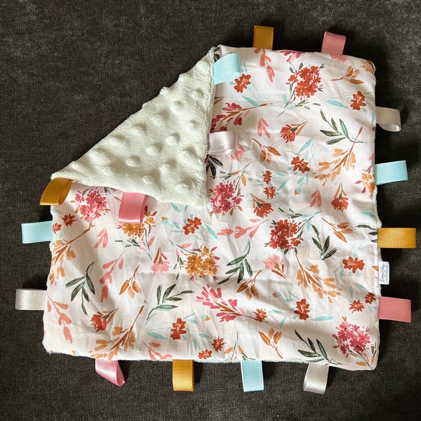 Minky Tag Baby Blanket - Pink and Mustard Floral