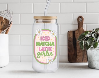 Iced Matcha Latte Girlie 16oz Libbey Glass Cup | Cute Matcha Aesthetic Glass Can | Bamboo Lid & Straw