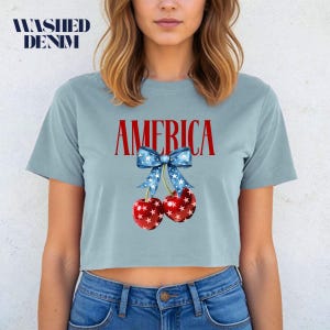 America Cherry Crop Top - 4th of July Patriotic Shirt - Cute Summer Fruit Graphic Tee - USA Independence Day Outfit - Retro Y2K Style