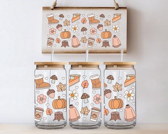 Fall Aesthetic Glass Can – Cozy Autumn Cup with Bamboo Lid with  Straw – Pumpkin, Pie & Sweater Weather Coffee Tumbler