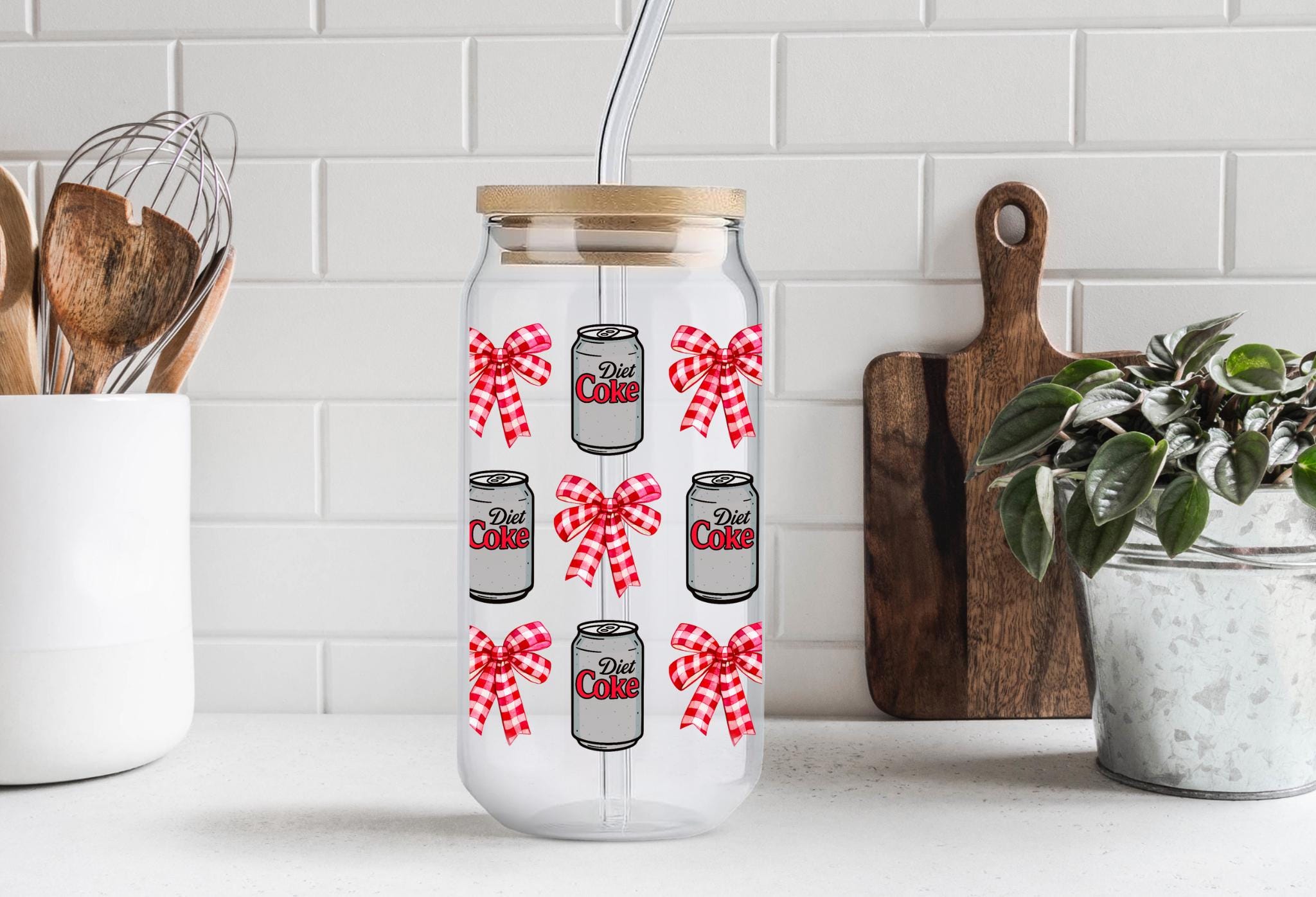 Diet Coke Coquette Glass Cup | 16oz Libbey Glass With Bamboo Lid ...