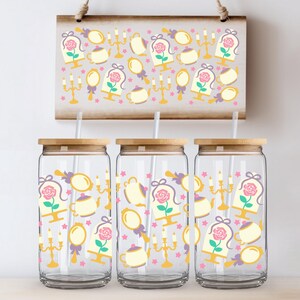 Beauty and the beast Aesthetic, Enchanted rose Iced Coffee & Tea Tumbler- 16oz Glass Can Cup with Bamboo Lid