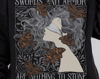 Licensed Swords and Armor are Nothing to Stone Sweatshirt | Knight and the Moth Knave and the Moon Merch Rachel Gillig