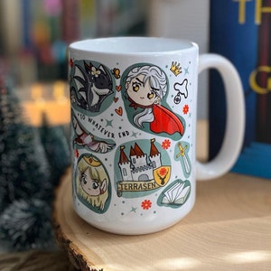 Terrasen Throne of Glass Chibi Cute Coffee Mug | OFFICIALLY LICENSED | Sarah J. Maas Sjm ToG Bookish Cute Aelin Rowan Mug Abraxos Bookish