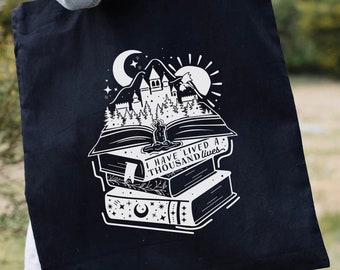 Bibliophile Quote I Have Lived a Thousand Lives Library Book Bag | Canvas Cotton Tote for Books Gifts for Book Lovers Read Banned Books