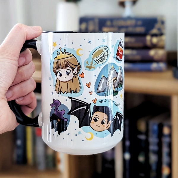 ACOTAR Feyre Rhysand Chibi Tasse mignonne | SOUS LICENCE OFFICIELLE | Sarah J. Maas Sjm Court of Thorns and Roses Grande tasse à thé et à café Bookish Merch