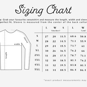 May include: Sizing chart for sweatshirts with measurements in inches and centimeters. The chart shows length, width, and sleeve measurements for sizes S through 5XL.