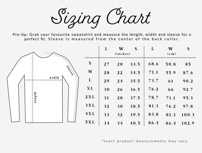 May include: Sizing chart for sweatshirts with measurements in inches and centimeters. The chart shows length, width, and sleeve measurements for sizes S through 5XL.