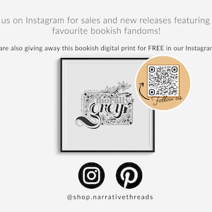 May include: A framed black and white print with the words "morally grey" in an ornate font. The image includes Instagram and Pinterest logos, a QR code, and text inviting viewers to follow on Instagram for sales and free digital prints.