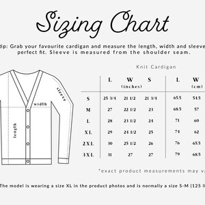 May include: Sizing chart for a knit cardigan with measurements in inches and centimeters. The chart shows the length, width, and sleeve length for sizes S, M, L, XL, 2XL, and 3XL.