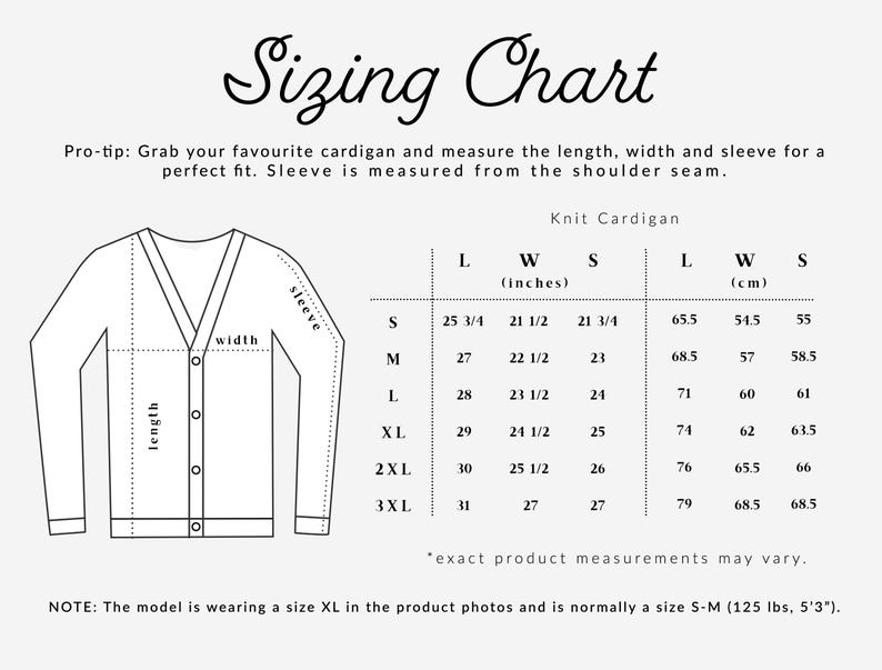May include: Sizing chart for a knit cardigan with measurements in inches and centimeters. The chart shows the length, width, and sleeve length for sizes S, M, L, XL, 2XL, and 3XL.