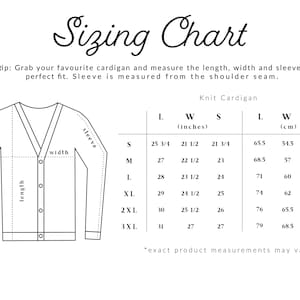 May include: A white sizing chart for a knit cardigan, with measurements in inches and centimeters. The chart includes length, width, and sleeve measurements for sizes S to 3XL. Text at the top reads "Sizing Chart."