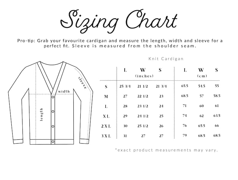 May include: A white sizing chart for a knit cardigan, with measurements in inches and centimeters. The chart includes length, width, and sleeve measurements for sizes S to 3XL. Text at the top reads "Sizing Chart."