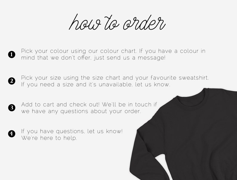 May include: How to order a sweatshirt: choose a color from the chart, select a size, add to cart, and check out. If you have any questions, contact the seller.