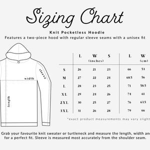 K&ouml;nnte beinhalten: Eine Gr&ouml;&szlig;entabelle f&uuml;r einen gestrickten Kapuzenpullover ohne Taschen. Die Grafik zeigt eine Strichzeichnung des Kapuzenpullovers mit Beschriftungen f&uuml;r L&auml;nge, Breite und &Auml;rmel sowie eine Tabelle mit Ma&szlig;en in Zoll und Zentimetern f&uuml;r Gr&ouml;&szlig;en S bis 3XL.