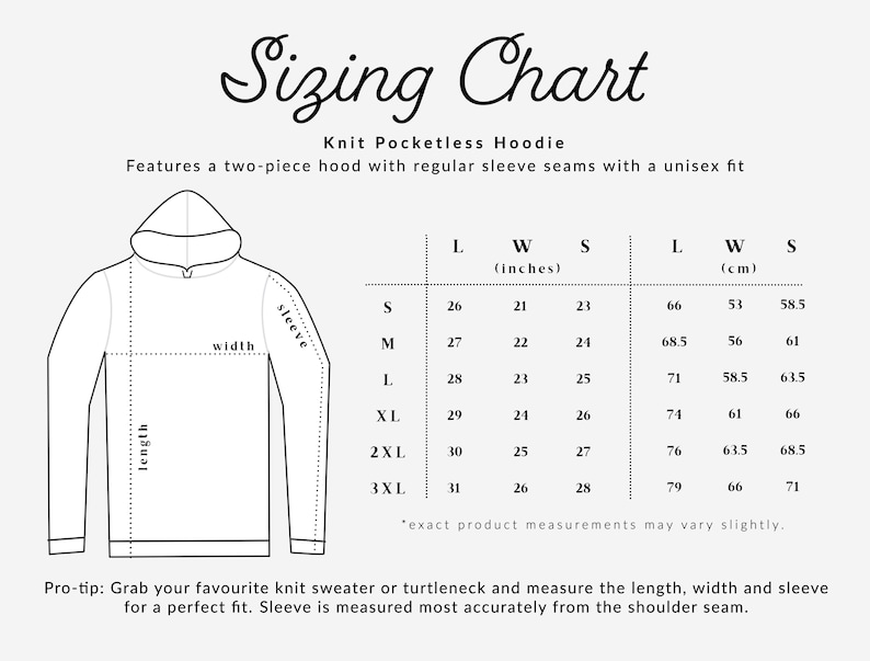 K&ouml;nnte beinhalten: Eine Gr&ouml;&szlig;entabelle f&uuml;r einen gestrickten Kapuzenpullover ohne Taschen. Die Grafik zeigt eine Strichzeichnung des Kapuzenpullovers mit Beschriftungen f&uuml;r L&auml;nge, Breite und &Auml;rmel sowie eine Tabelle mit Ma&szlig;en in Zoll und Zentimetern f&uuml;r Gr&ouml;&szlig;en S bis 3XL.