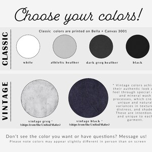May include: A chart showing different colour options for t-shirts. The colours are divided into two categories: Classic and Vintage. The Classic colours are white, athletic heather, dark grey heather, and black. The Vintage colours are vintage grey and vintage black.