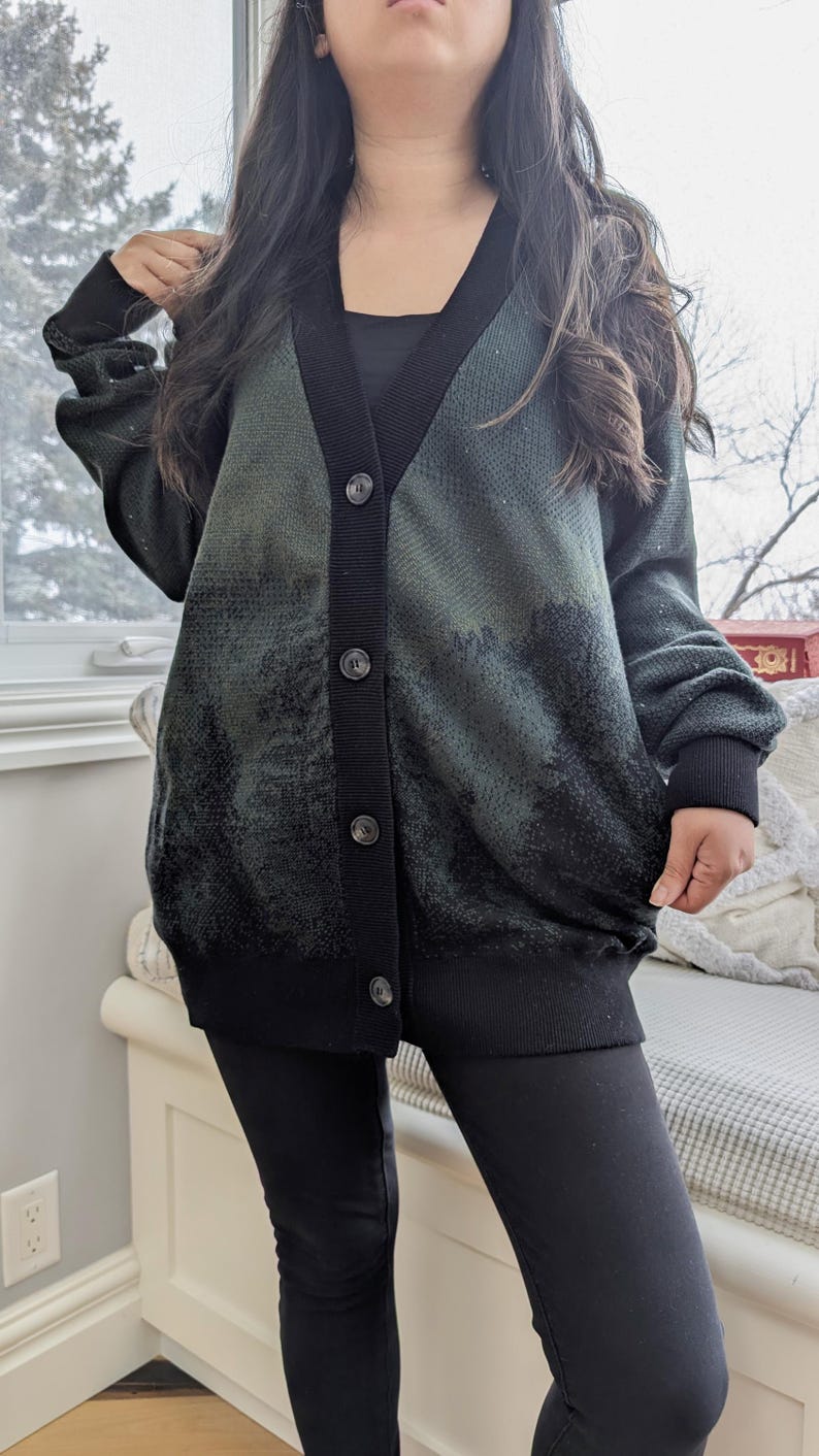 May include: A dark green and black cardigan with a button-up front and a subtle pattern. The cardigan has a V-neck and long sleeves.