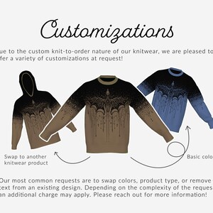 K&ouml;nnte beinhalten: Customizations Text&uuml;berschrift &uuml;ber drei Strickkleidungsst&uuml;cken: einem schwarz-beigen Kapuzenpullover, einem schwarz-beigen Pullover und einem schwarz-blauen Pullover. Jedes zeigt ein Drachenmotiv. Pfeile zeigen auf die Kleidungsst&uuml;cke mit Beschriftungen.