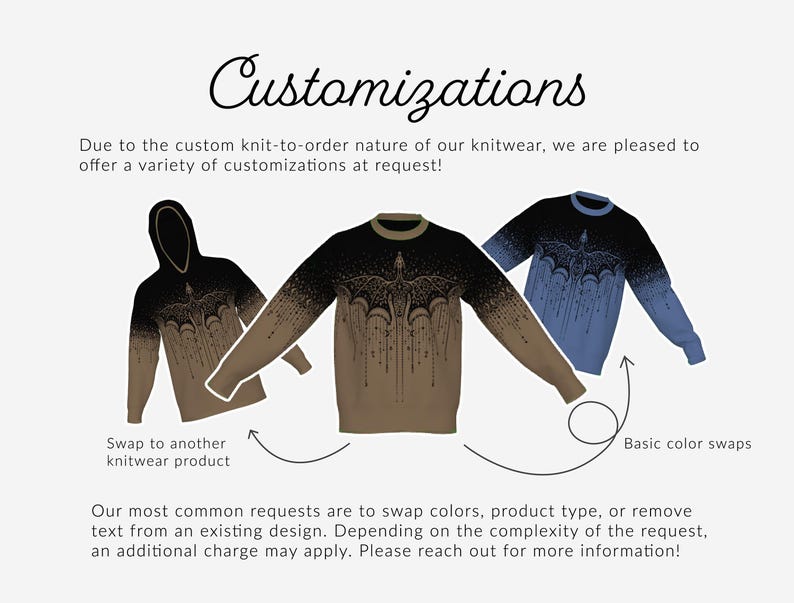 K&ouml;nnte beinhalten: Customizations Text&uuml;berschrift &uuml;ber drei Strickkleidungsst&uuml;cken: einem schwarz-beigen Kapuzenpullover, einem schwarz-beigen Pullover und einem schwarz-blauen Pullover. Jedes zeigt ein Drachenmotiv. Pfeile zeigen auf die Kleidungsst&uuml;cke mit Beschriftungen.