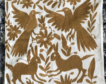 Pillow case: Mexican Hand Embroidered Otomi Tenango Style. Hand Made Pillowcase /throw pillowcase. Gold