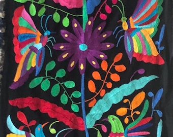 Multi Color Table Runner: Mexican Hand Embroidered Otomi Tenango Style. Hand Made. Black base and multicolored Embroidery. Home decor