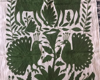 Table Runner: Mexican Hand Embroidered Otomi Tenango Style. Hand Made. Olive green. Alebrijes