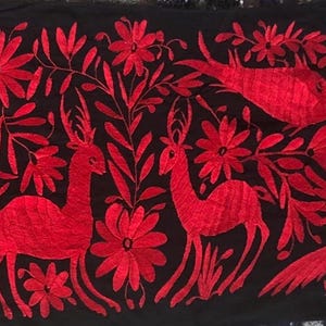 Table Runner: Mexican Hand Embroidered Otomi Tenango Style. Hand Made. RED Embroidery Over BLACK BASE. Oaxaca. Arte.