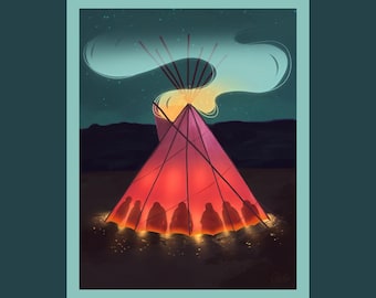 May include: An illustration of a Native American teepee lit from within, with figures gathered inside. The teepee is a vibrant red and pink, set against a dark blue night sky with stars. The text "Midnight Ceremony" is at the bottom.