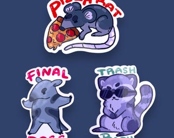 May include: Four colorful stickers featuring cartoon animals. The first sticker is a gray rat eating a red and white pizza slice with the text "Pizza Rat". The second sticker is a blue and gray creature with the text "Final Boss". The third sticker is a gray raccoon wearing sunglasses with the text "Trash Baby".
