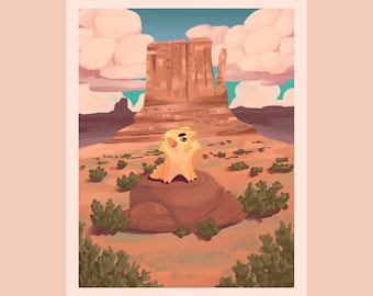 May include: Illustration of a desert landscape with a large rock formation under a blue sky with clouds. A cartoon character is on a rock in the foreground. The text "CHEI'S MONUMENT!" is at the bottom.