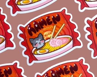 May include: A sticker featuring a cartoon cat enjoying a bowl of ramen noodles. The sticker has a red and orange background with the word "Ramen" in white text. The text "Noodles Meow" is also included in white text.