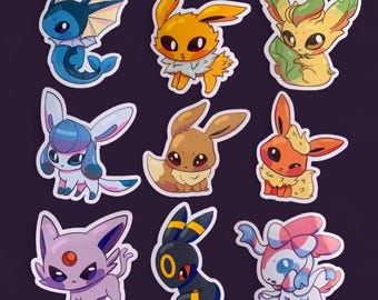 May include: Nine colorful cartoon Pokemon stickers featuring characters like Eevee, Vaporeon, Flareon, Jolteon, Espeon, Umbreon, and others.
