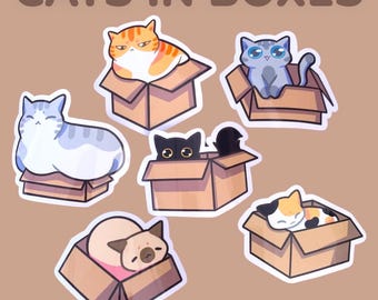May include: Six colorful cartoon cats are inside cardboard boxes. The cats are in various poses, including sleeping, sitting, and looking out of the box. The boxes are all brown and have a white outline.