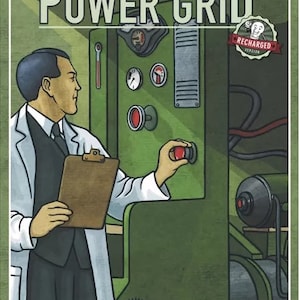 May include: A man wearing a white lab coat and a black waistcoat is standing in front of a green control panel. He is pressing a red button on the panel. The panel has a variety of gauges and dials. The text "POWER GRID" is written in large letters at the top of the image. The text "RECHARGED VERSION" is written in a smaller font on a red and white banner. The text "RIO GRANDE GAMES" is written in a smaller font on a green banner.