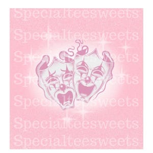 May include: A graphic design featuring two clown masks, one crying and one laughing, rendered in shades of pink and white. The background is a soft pink with a repeating watermark of the text Specialteesweets and scattered star shapes.