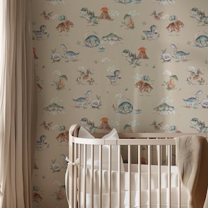 Playroom Dinosaur Toddler Wallpaper - Whimsical Peel & Stick Kids Neutral Tone Mural - Easy DIY Room Decor EZW372
