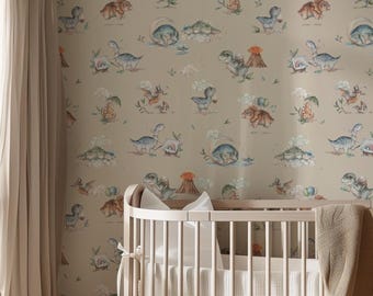 Playroom Dinosaur Toddler Wallpaper - Whimsical Peel & Stick Kids Neutral Tone Mural - Easy DIY Room Decor EZW372
