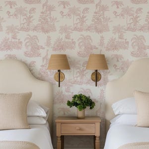 Elegant French Toile De Jouy Wallpaper Peel and Stick, Pale Pink Jungle Animals Temporary Wallpaper, Modern Farmhouse Removable Wallcovering