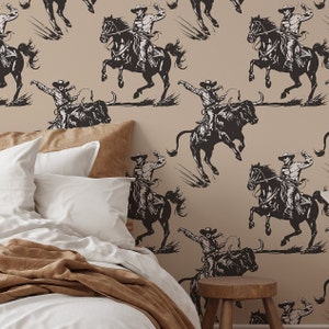Dark Western Cowboy Temporary Wallpaper Peel and Stick-Cowboy Rodeo Bull and Horse Boho Beige Removable Wild West Wallpaper for Renters E215