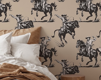 Dark Western Cowboy Temporary Wallpaper Peel and Stick-Cowboy Rodeo Bull and Horse Boho Beige Removable Wild West Wallpaper for Renters E215