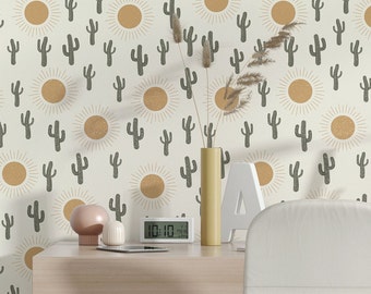 Desert Western Cactus Temporary Wallpaper Peel and Stick - Whimsical Cactus and Boho Sun Wild West Custom Removable for Renters Wallpaper