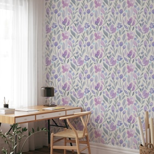 Peel and Stick Wallpaper Mural Wallpaper Boho Wallpaper Purple Botanical Wallpaper Art Deco Wallpaper Floral Mural