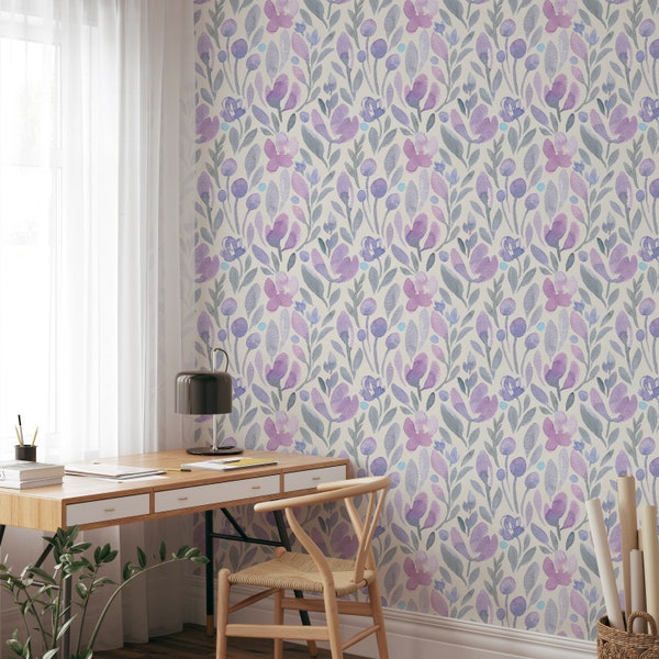 Peel and Stick Wallpaper Mural Wallpaper Boho Wallpaper Purple Botanical Wallpaper Art Deco Wallpaper Floral Mural