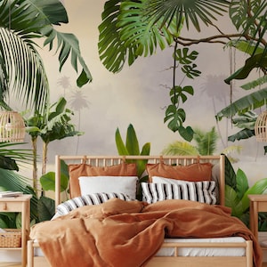 Rainforest Jungle Mural Wallpaper Peel and Stick - Green Tropical Forest Landscape with Palm Plants Temporary Renters Wallpaper