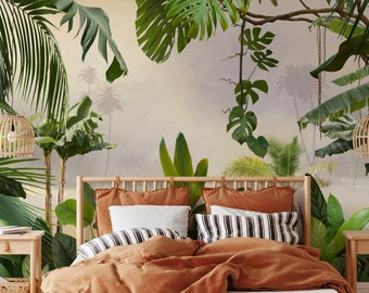 May include: A bedroom with a wooden bed frame and a brown comforter. The bed is made with white and black striped pillowcases and a brown throw pillow. The bedroom has a tropical wallpaper with large green leaves and a light beige background.