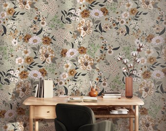 Retro Flower Botanical Peel and Stick Wallpaper Vintage - Boho Floral Temporary Wallpaper for Rentals