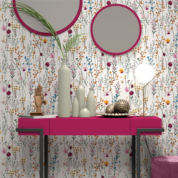 Peel and Stick Wallpaper Removable Wallpaper Wall Art Flower Nursery Decor Boho Wallpaper Hand Drawn Wallpaper Spring Wallpaper