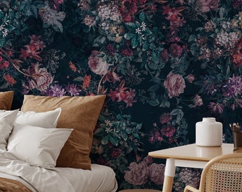 Dark Floral Peel and Stick Wallpaper Botanical Wall Mural Dark Floral Black Wallpaper Vintage Floral Wallpaper Wall Mural Large Wallpaper